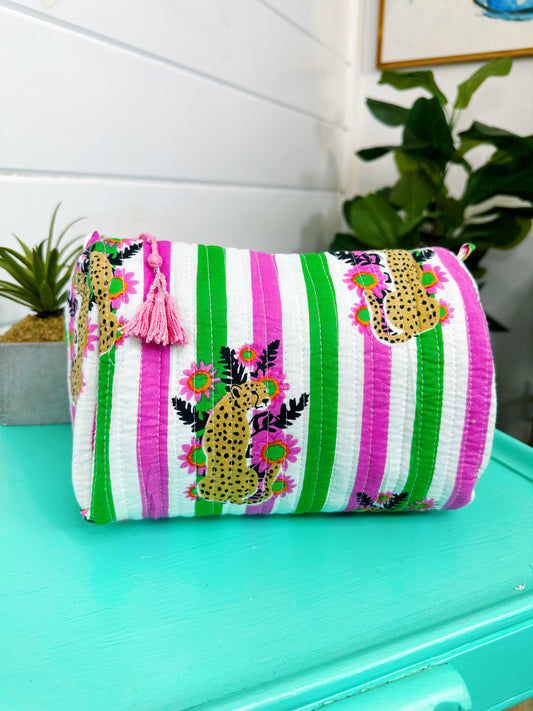 Pink and Green Jaguar Print Quilted Makeup Cosmetics Toiletry Bag