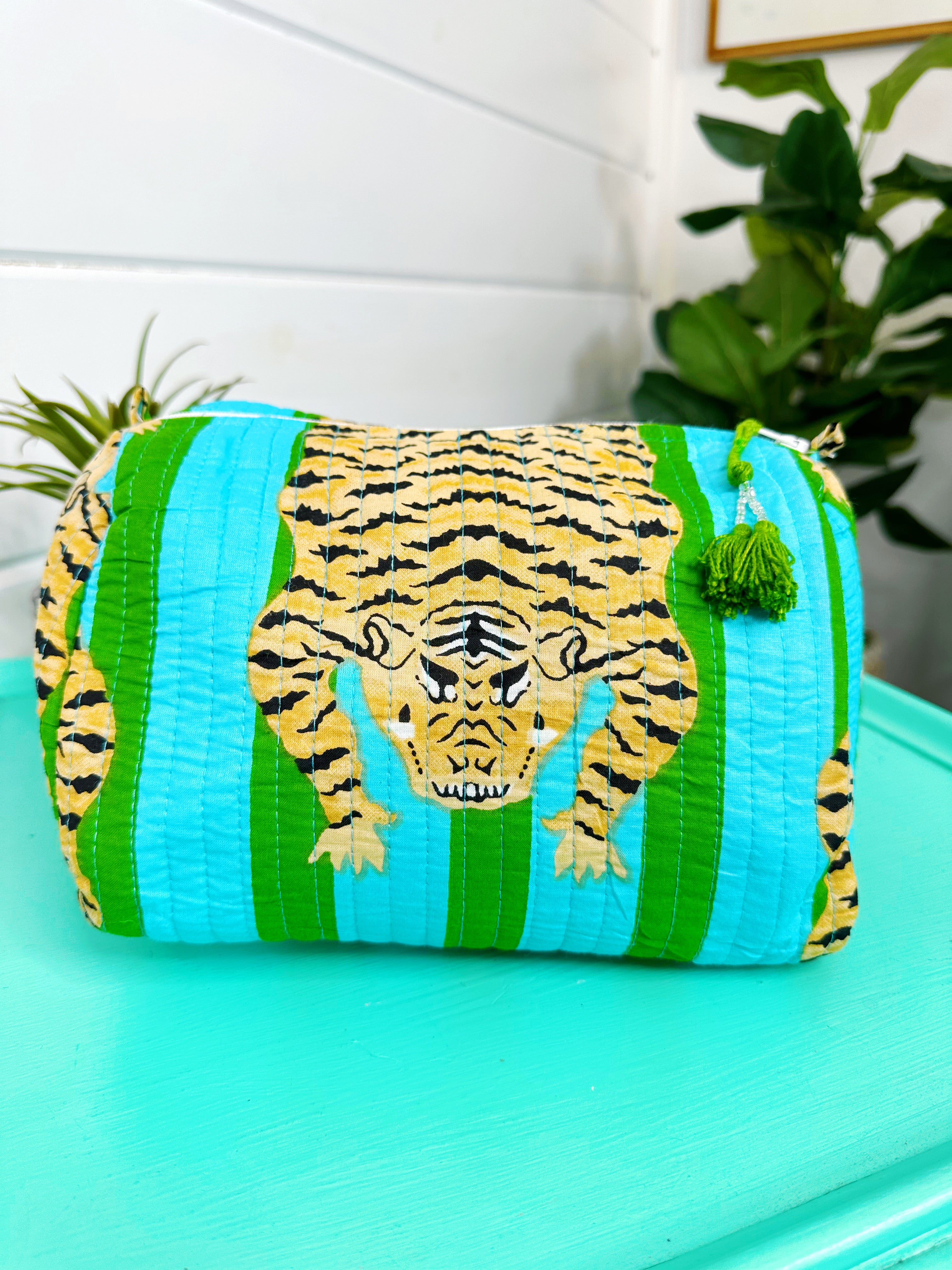 Tiger Print Blue and Green Striped Quilted Makeup Cosmetics Toiletry Bag
