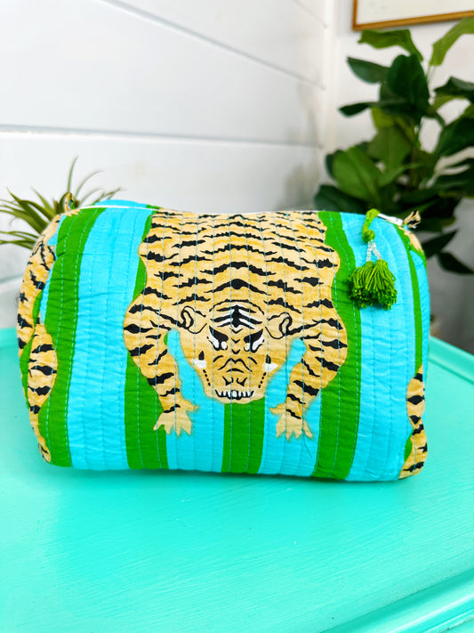 Tiger Print Blue and Green Striped Quilted Makeup Cosmetics Toiletry Bag