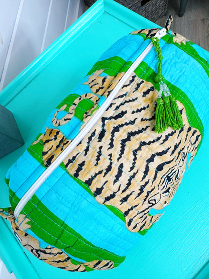 Tiger Print Blue and Green Striped Quilted Makeup Cosmetics Toiletry Bag