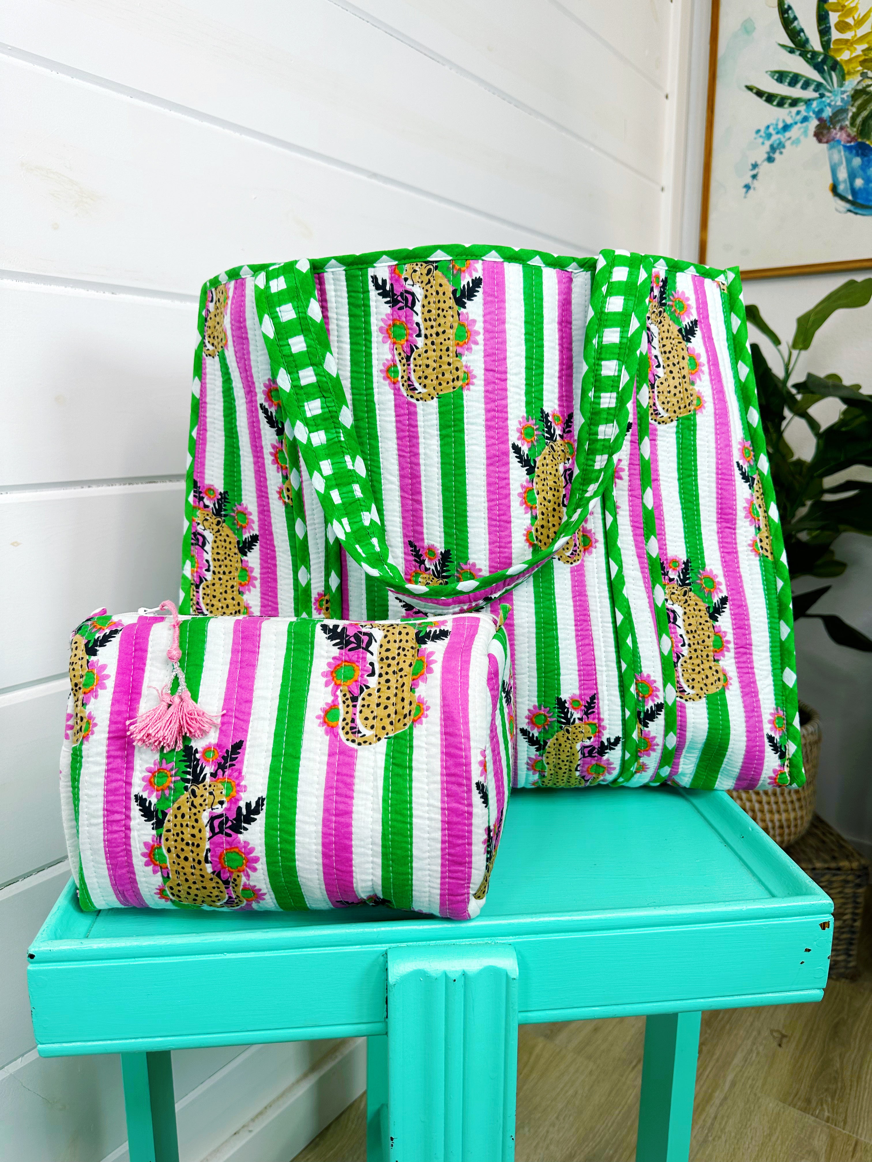 Pink and Green Jaguar Print Quilted Cotton Tote Bag