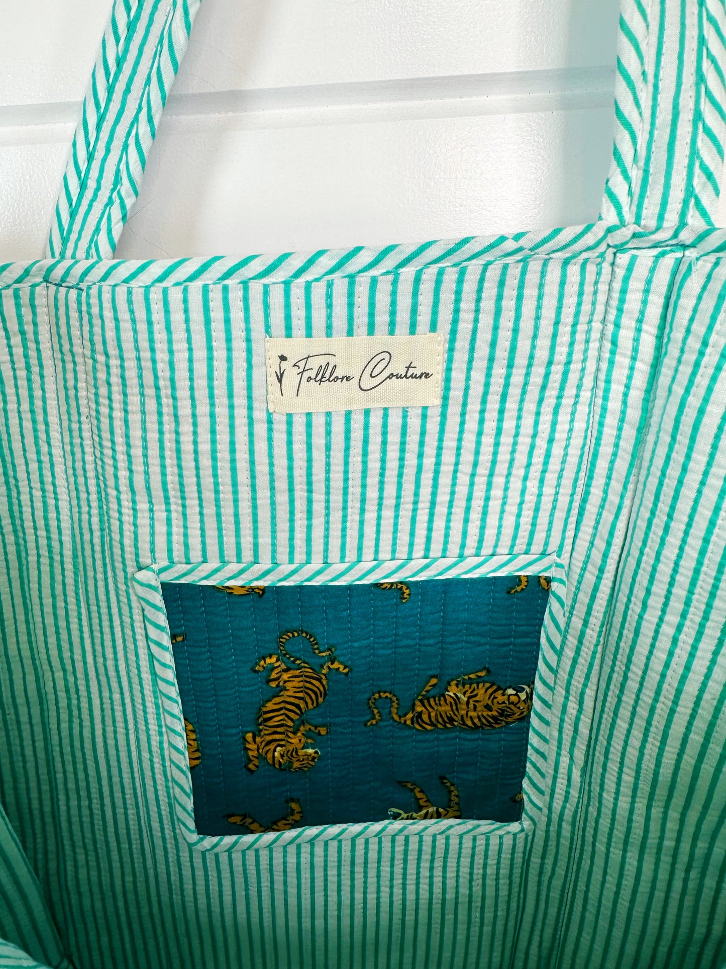 Teal Tiger Print Quilted Cotton Tote Bag