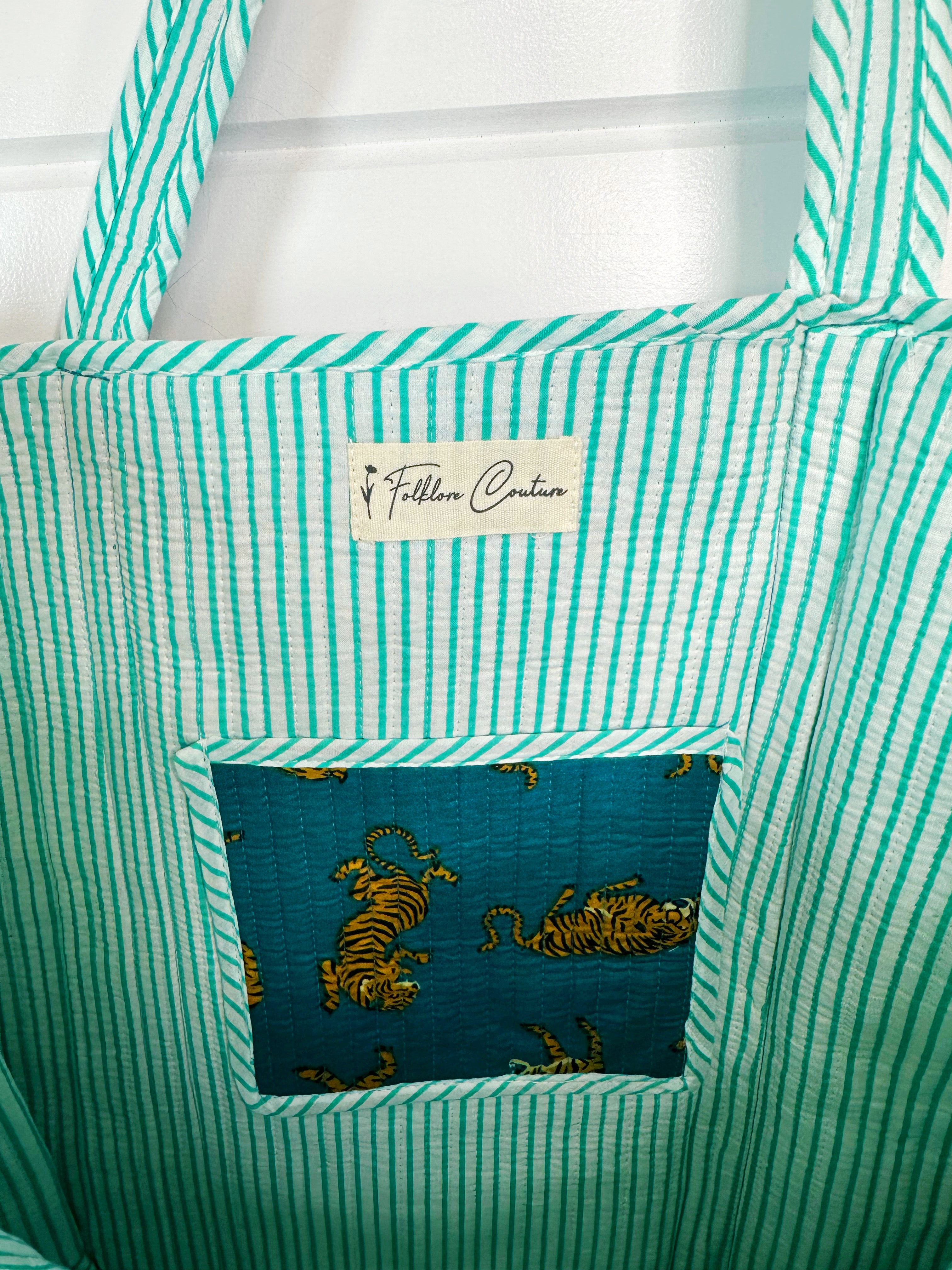 Teal Tiger Print Quilted Cotton Tote Bag