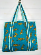 Teal Tiger Print Quilted Cotton Tote Bag