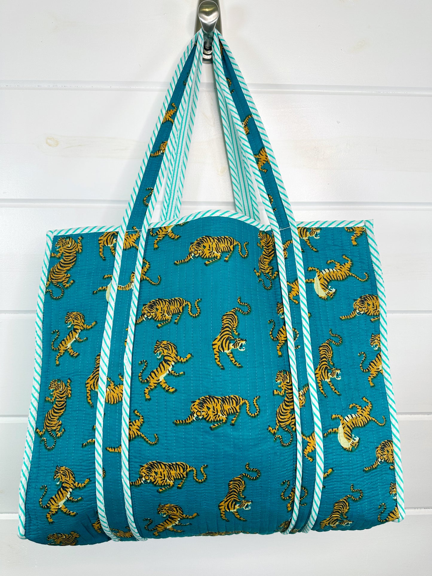 Teal Tiger Print Quilted Cotton Tote Bag
