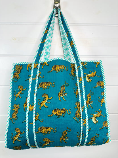 Teal Tiger Print Quilted Cotton Tote Bag