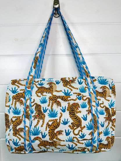 White Tiger Print Quilted Weekender Overnight Bag