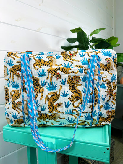 White Tiger Print Quilted Weekender Overnight Bag