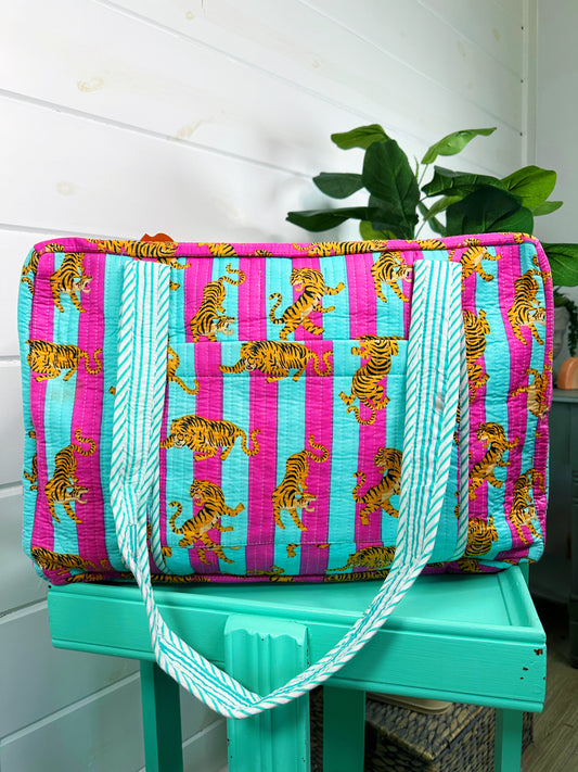 Aqua Magenta Striped Small Tiger Print Quilted Weekender Overnight Bag