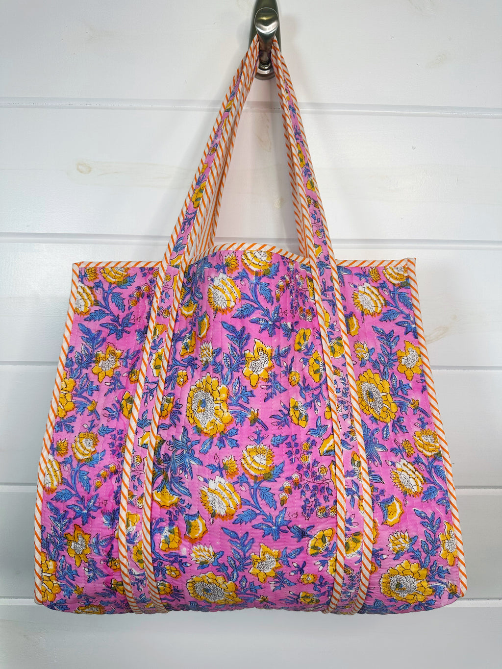 Pink Yellow Floral Print Quilted Cotton Tote Bag