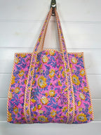 Pink Yellow Floral Print Quilted Cotton Tote Bag