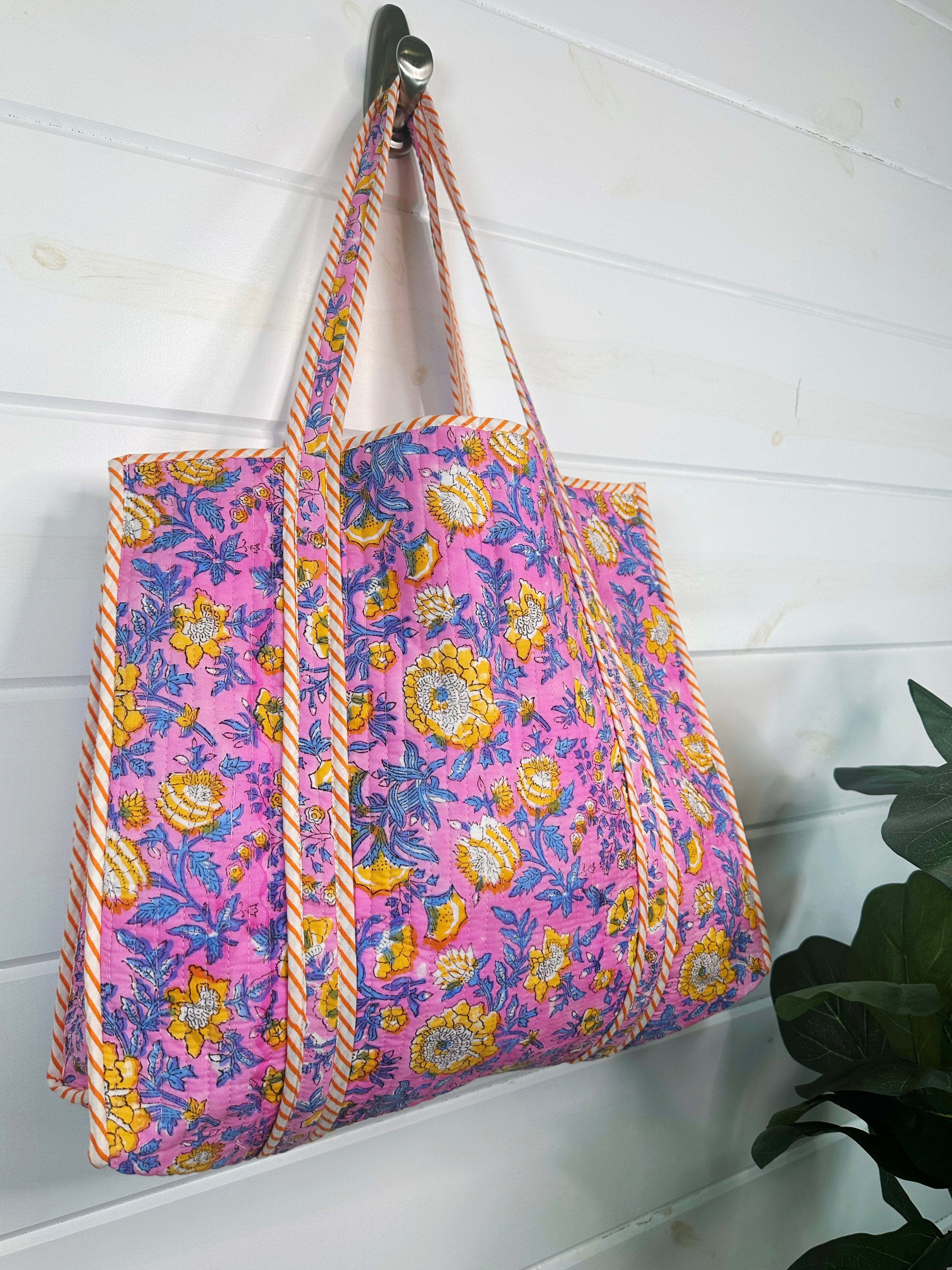 Pink Yellow Floral Print Quilted Cotton Tote Bag