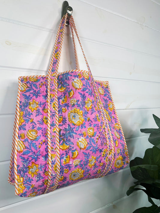 Pink Yellow Floral Print Quilted Cotton Tote Bag