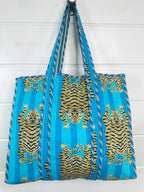 Aqua Stripes Tiger Print Quilted Cotton Reversible Large Tote Bag