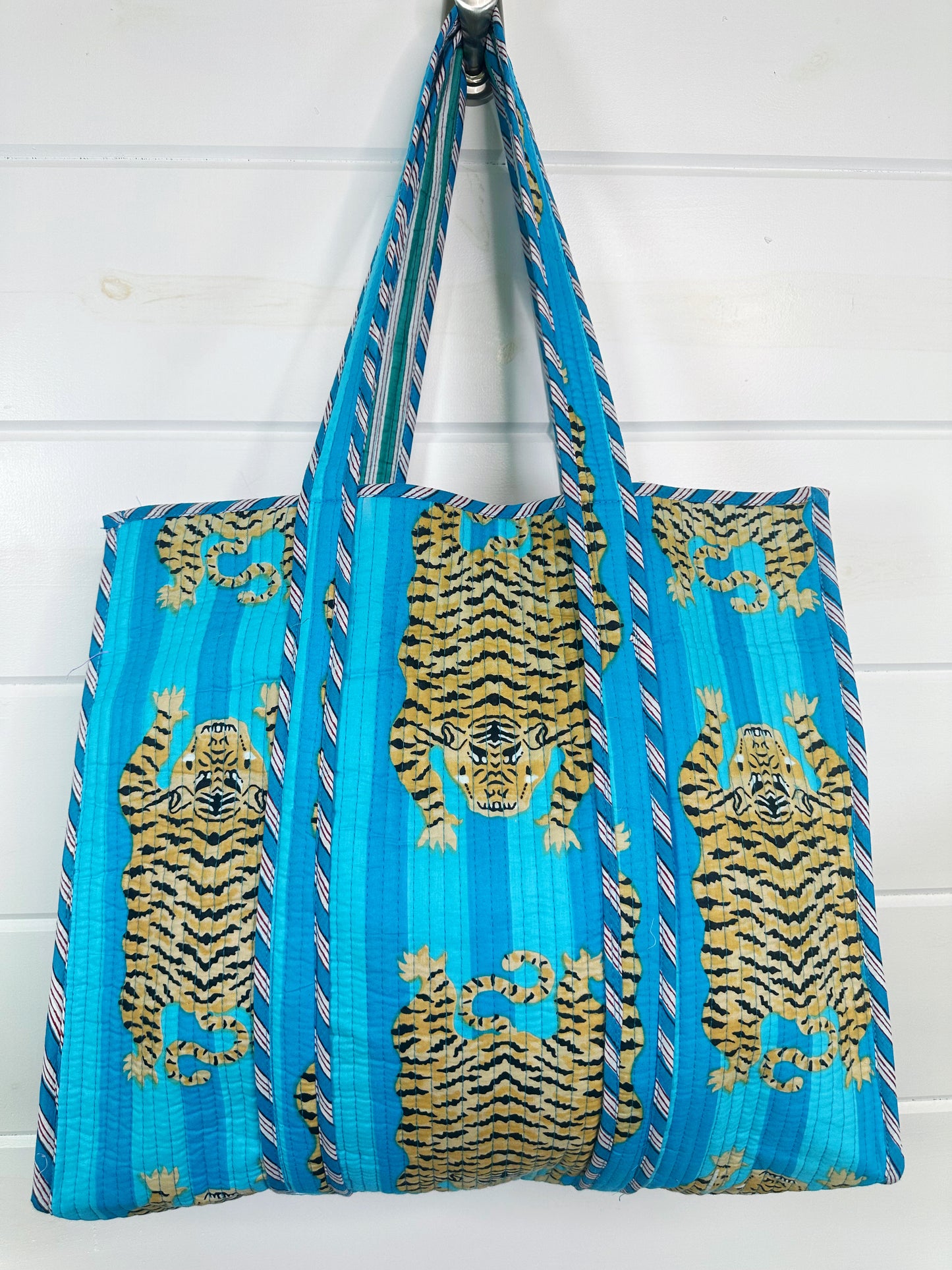Aqua Stripes Tiger Print Quilted Cotton Reversible Large Tote Bag