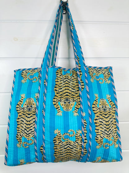 Aqua Stripes Tiger Print Quilted Cotton Reversible Large Tote Bag