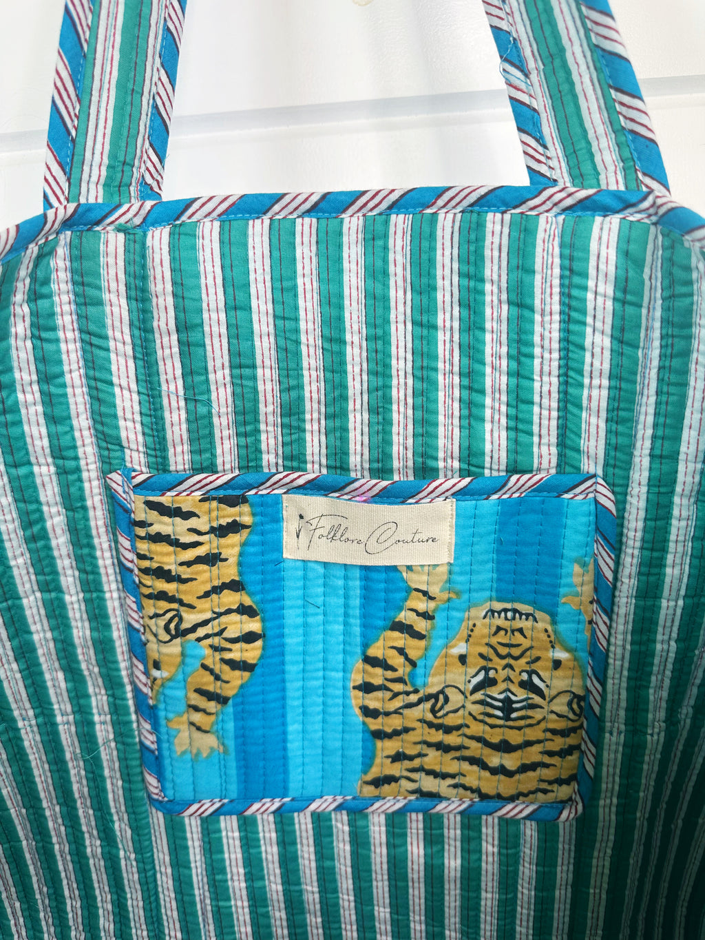 Aqua Stripes Tiger Print Quilted Cotton Reversible Large Tote Bag