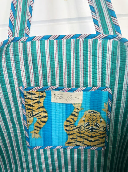 Aqua Stripes Tiger Print Quilted Cotton Reversible Large Tote Bag