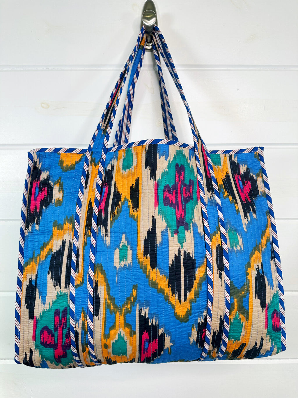 Blue Southwest Ikat Print Quilted Cotton Reversible Large Tote Bag