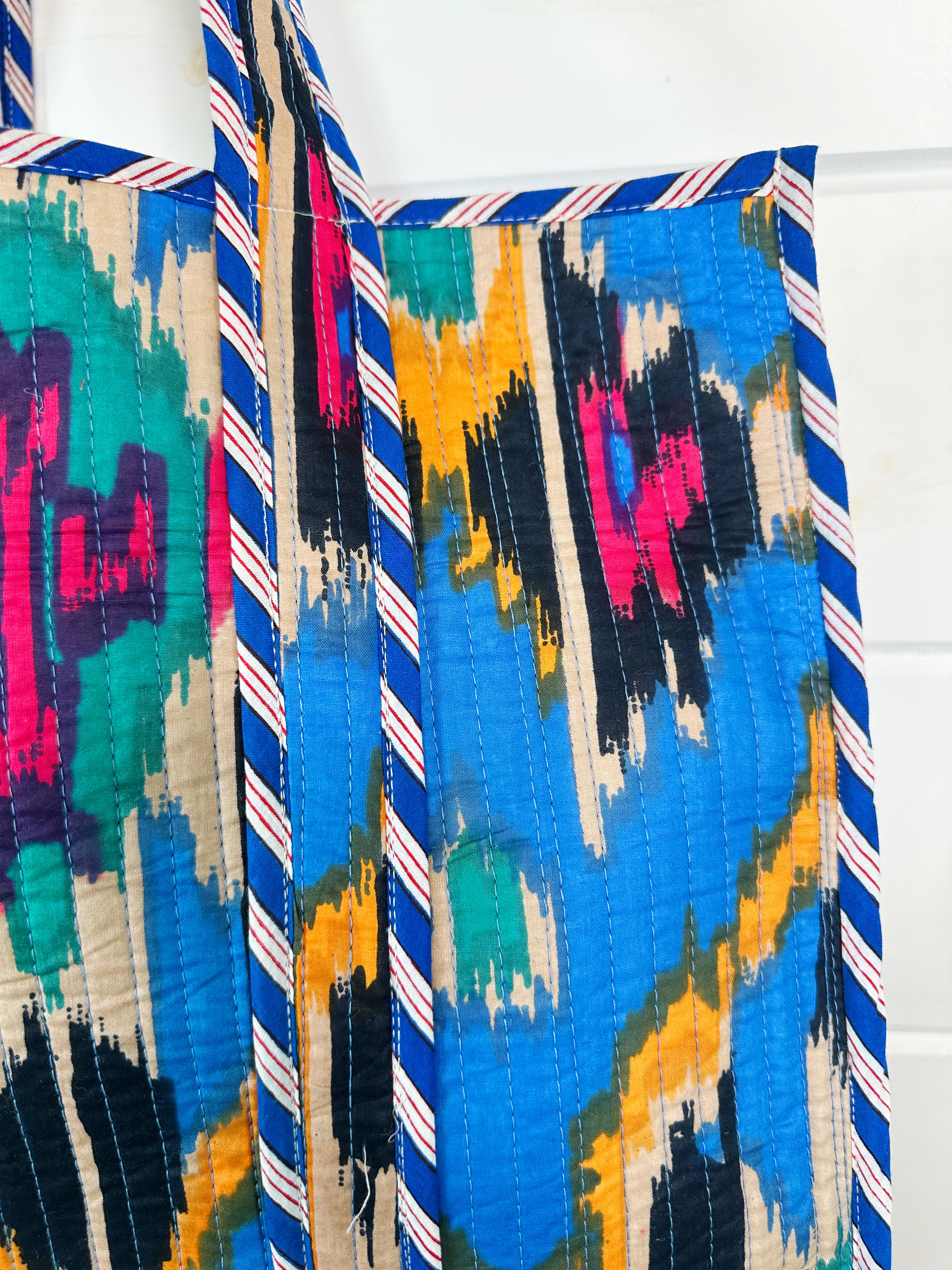 Blue Southwest Ikat Print Quilted Cotton Reversible Large Tote Bag