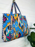 Quilted Cotton Reversible Large Tote Bag - Blue Southwest Ikat Print