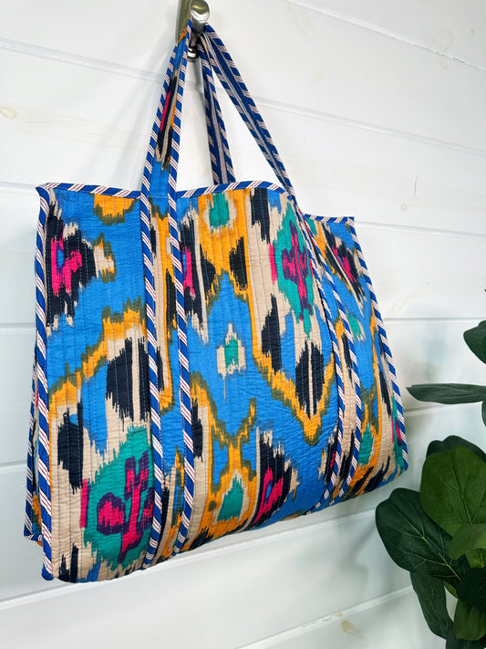 Blue Southwest Ikat Print Quilted Cotton Reversible Large Tote Bag