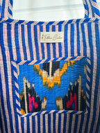 Blue Southwest Ikat Print Quilted Cotton Reversible Large Tote Bag