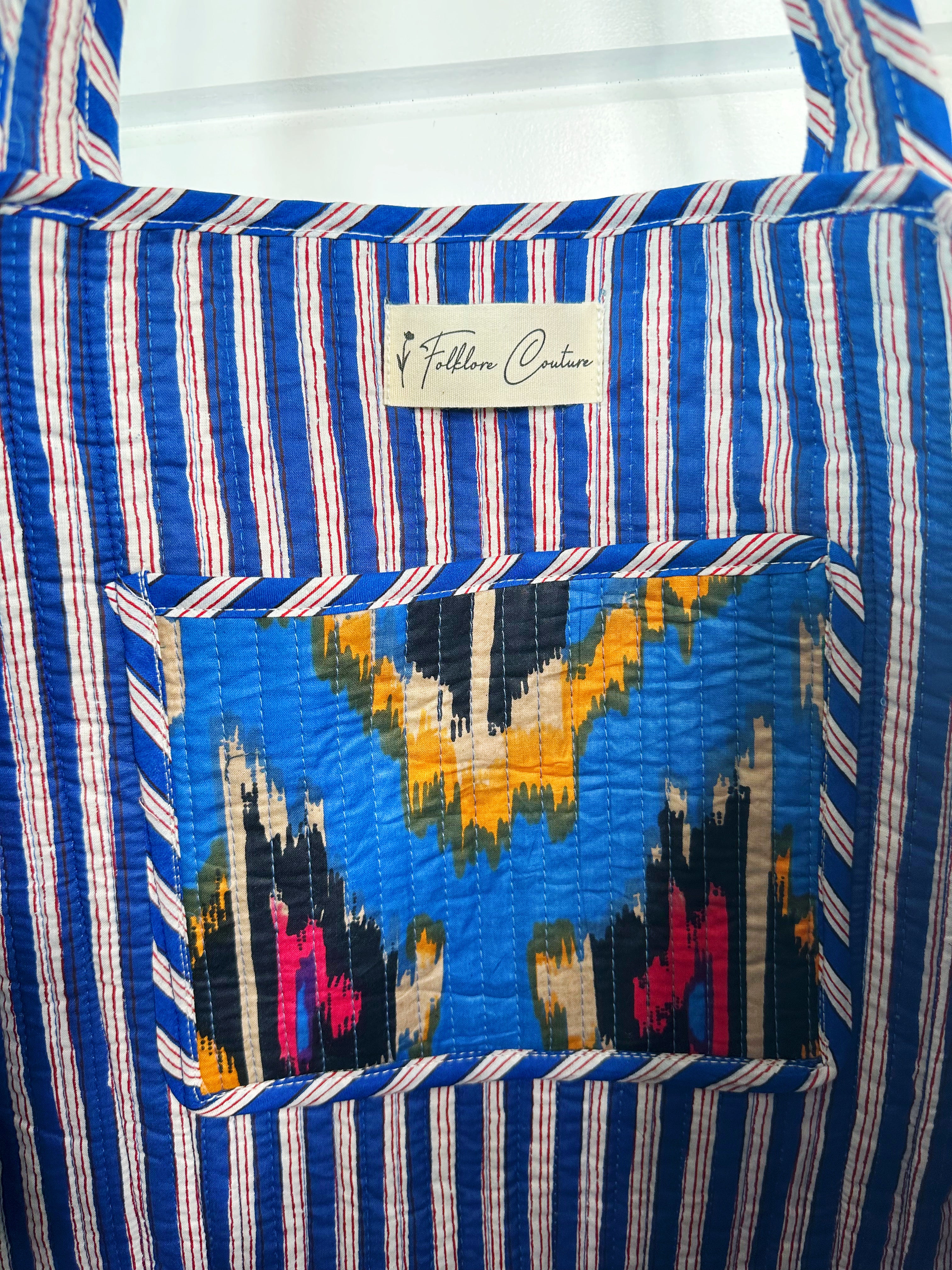 Blue Southwest Ikat Print Quilted Cotton Reversible Large Tote Bag