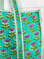Aqua Floral Print Quilted Cotton Reversible Large Tote Bag