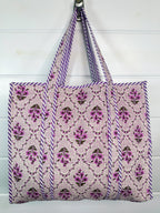 Purple Floral Print Quilted Cotton Tote Bag