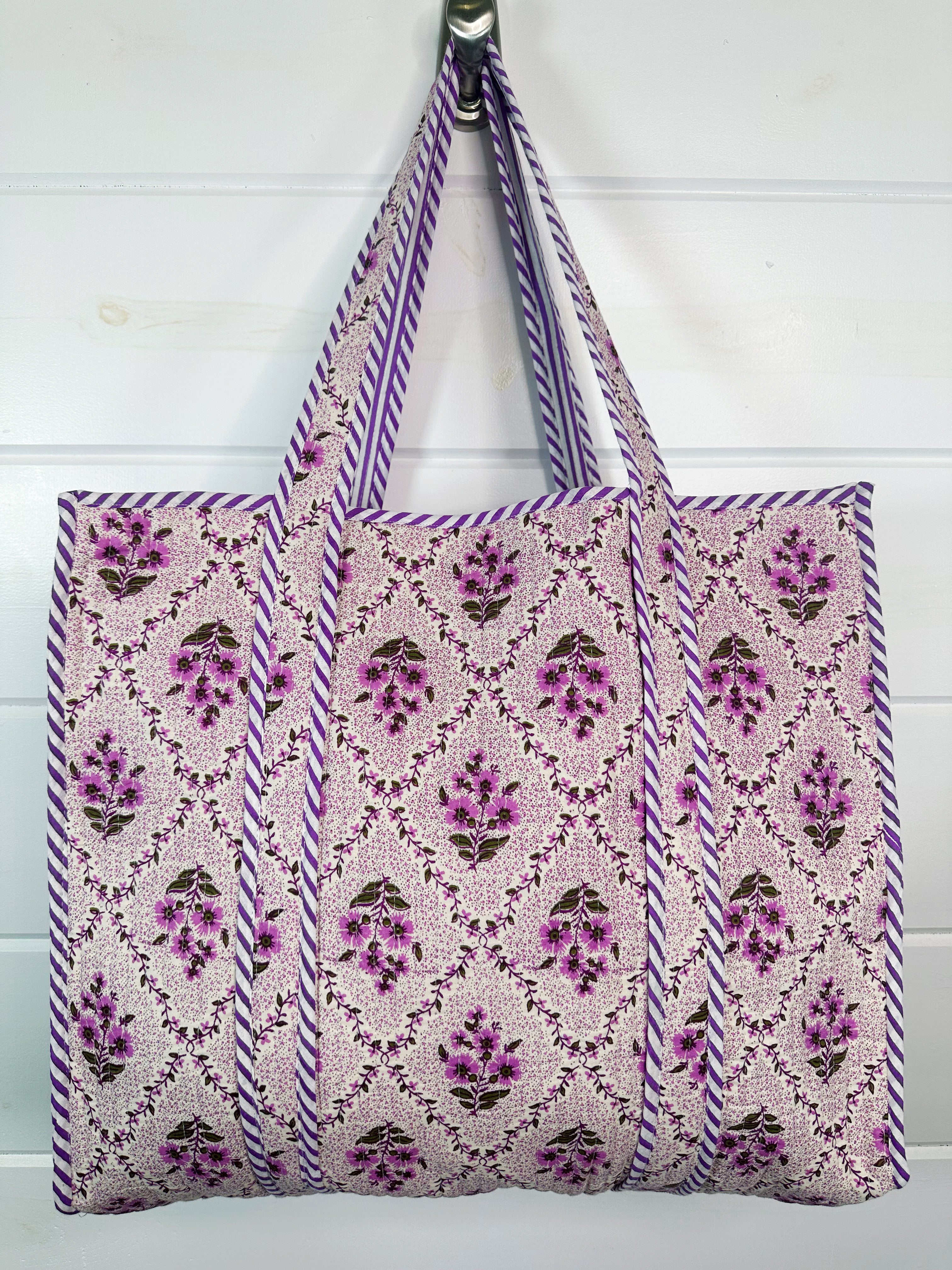 Purple Floral Print Quilted Cotton Tote Bag