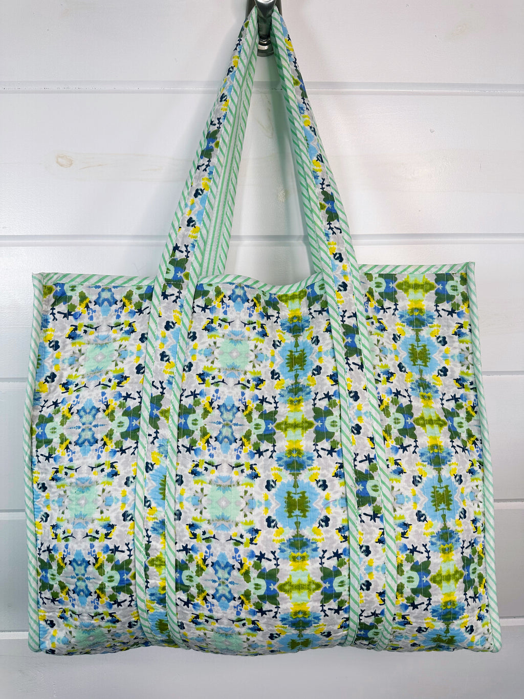 Quilted Large Tote Bag - Aqua Tie Dye Print