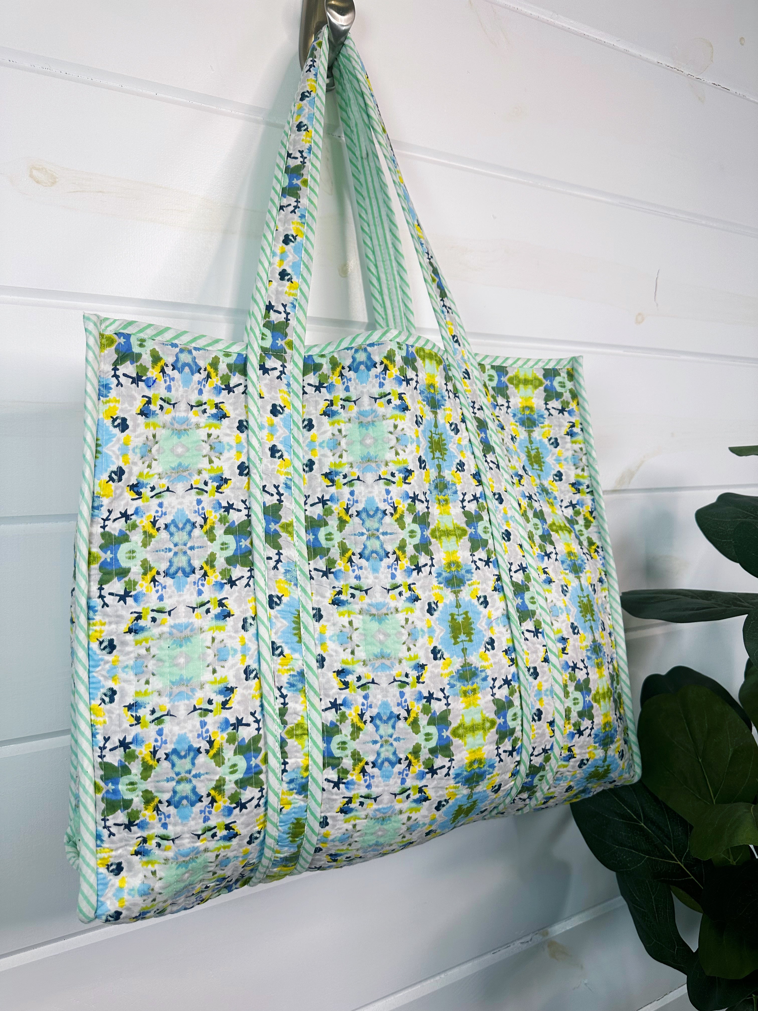 Quilted Large Tote Bag - Aqua Tie Dye Print