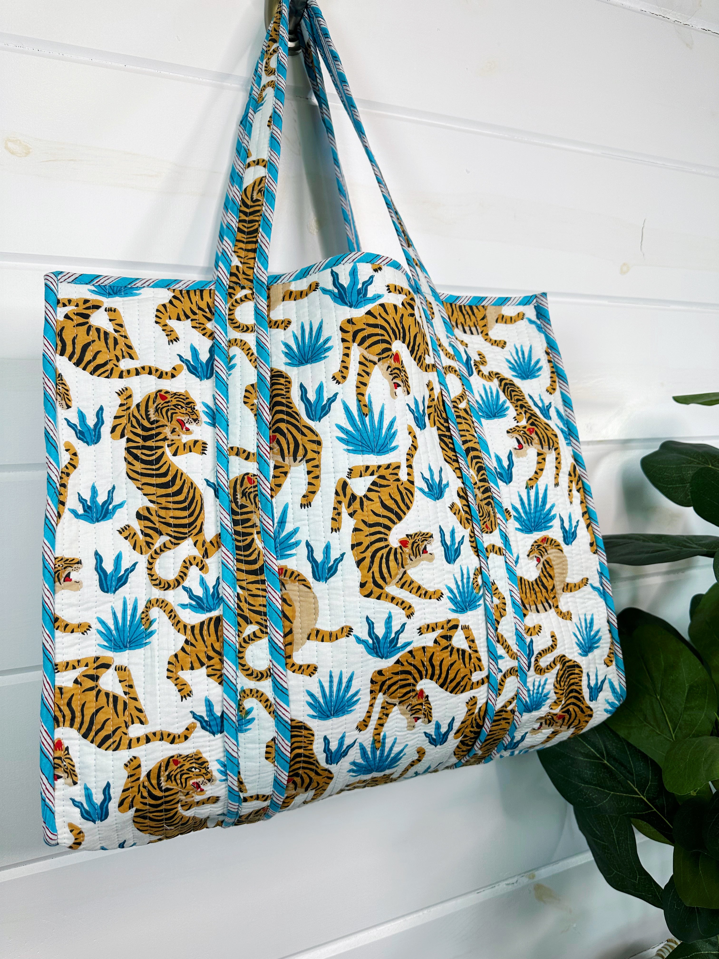 Quilted Cotton Reversible Large Tote Bag - White with Blue Tiger Print