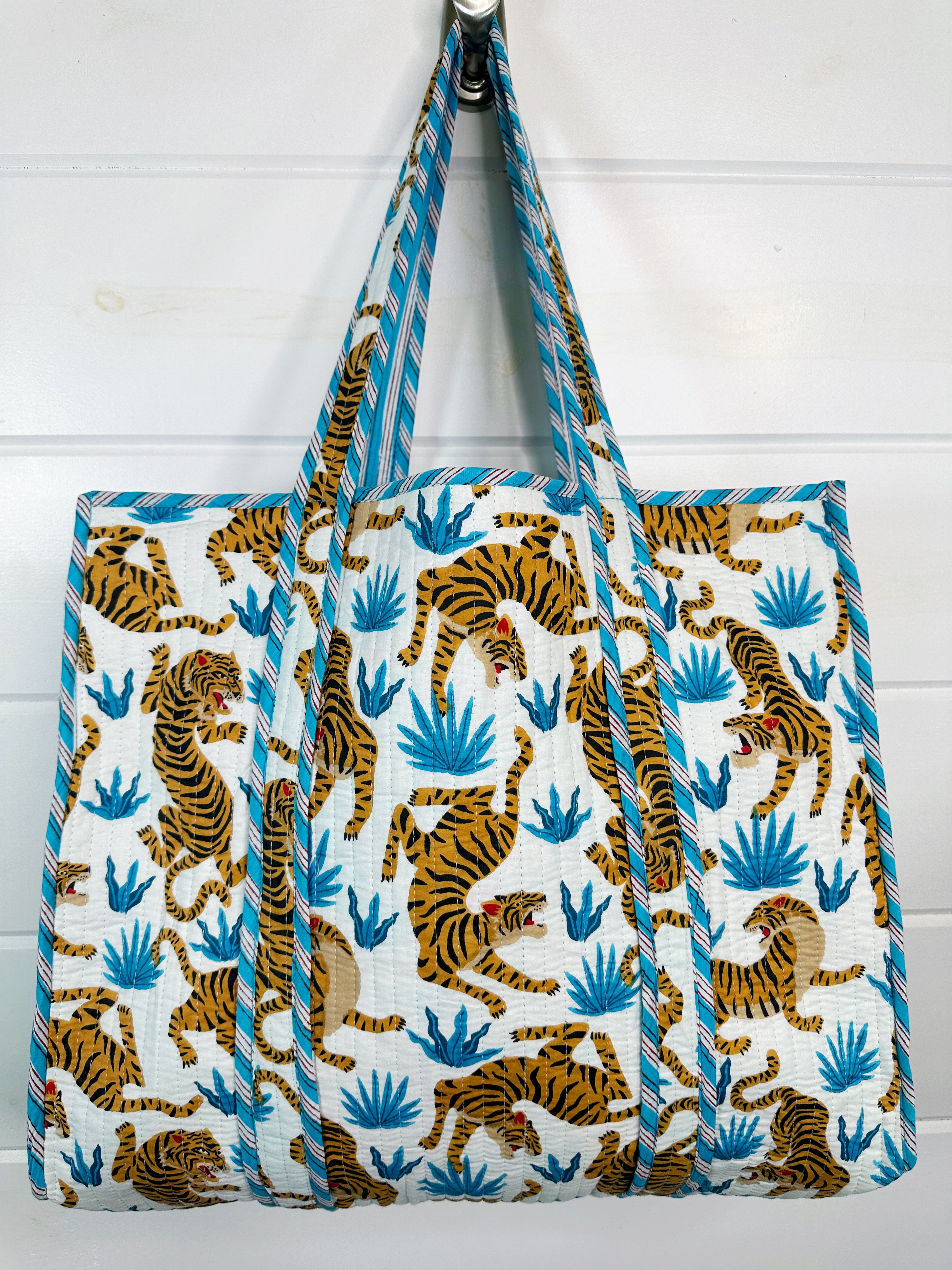 Quilted Cotton Reversible Large Tote Bag - White with Blue Tiger Print