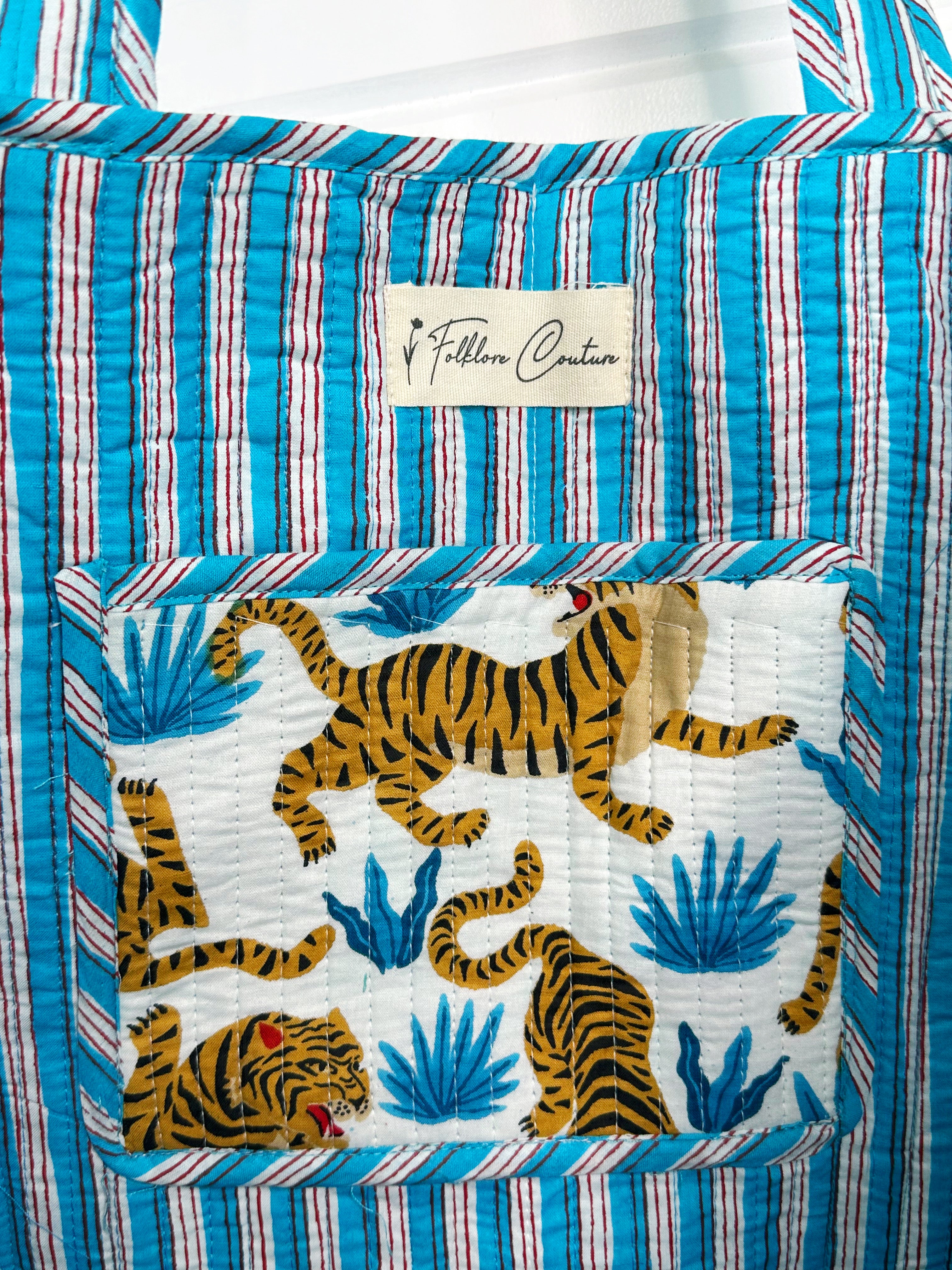 Quilted Cotton Reversible Large Tote Bag - White with Blue Tiger Print