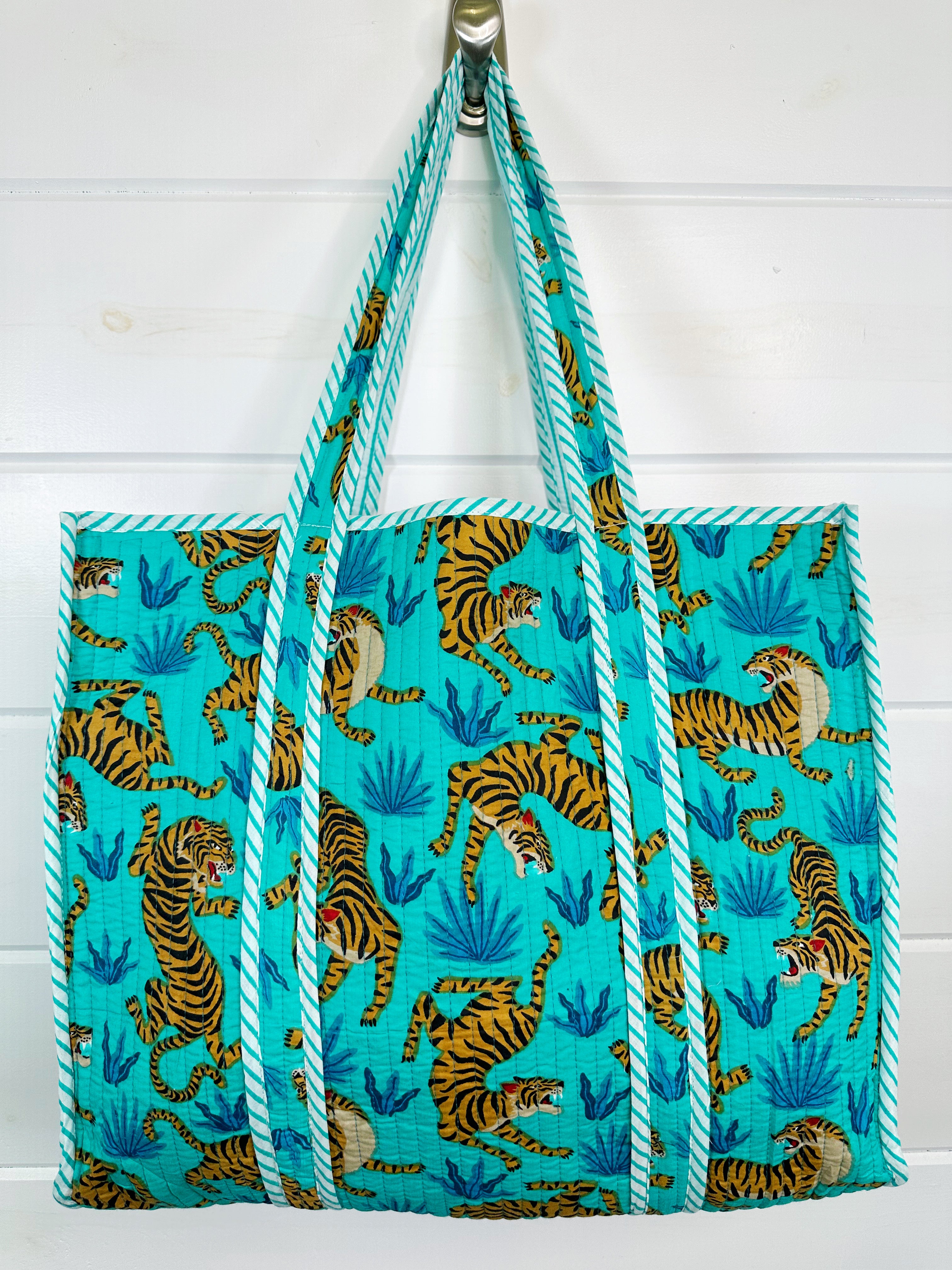 Aqua and Blue Tiger Print Quilted Cotton Reversible Large Tote Bag