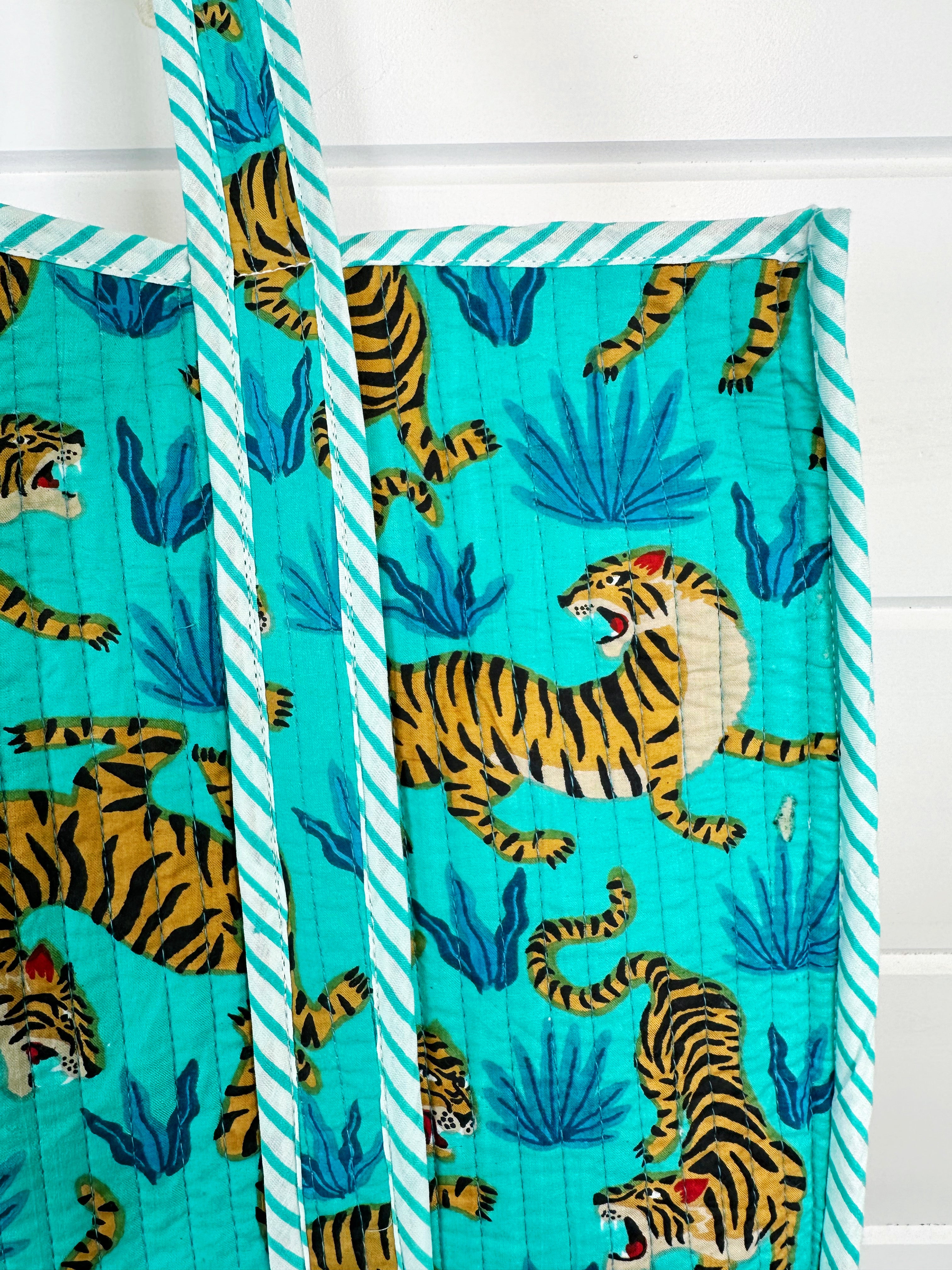 Aqua and Blue Tiger Print Quilted Cotton Reversible Large Tote Bag
