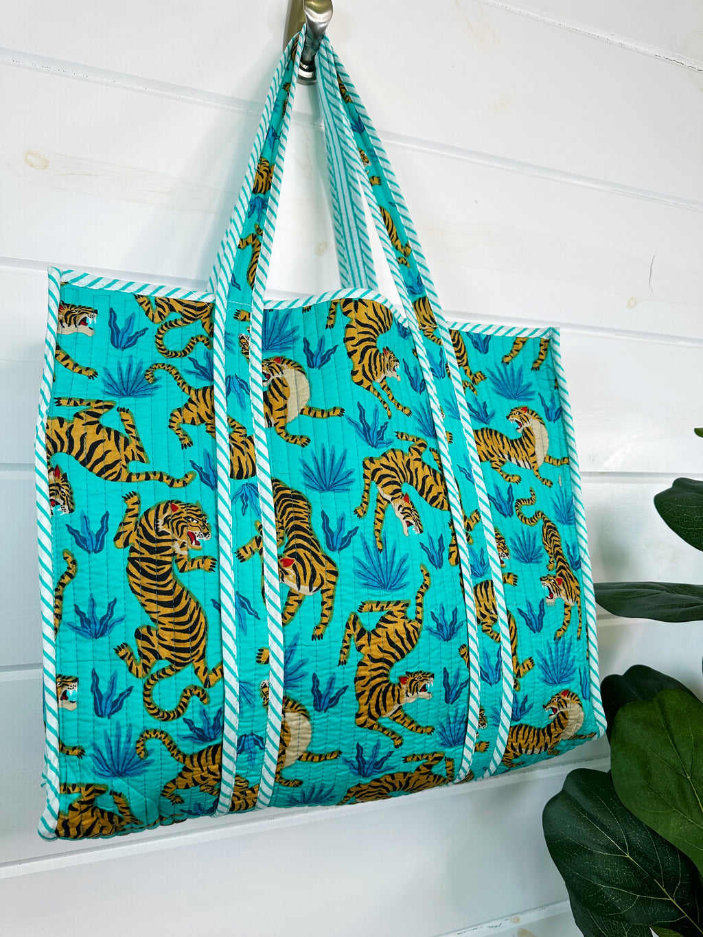 Aqua and Blue Tiger Print Quilted Cotton Reversible Large Tote Bag