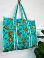 Aqua and Blue Tiger Print Quilted Cotton Reversible Large Tote Bag