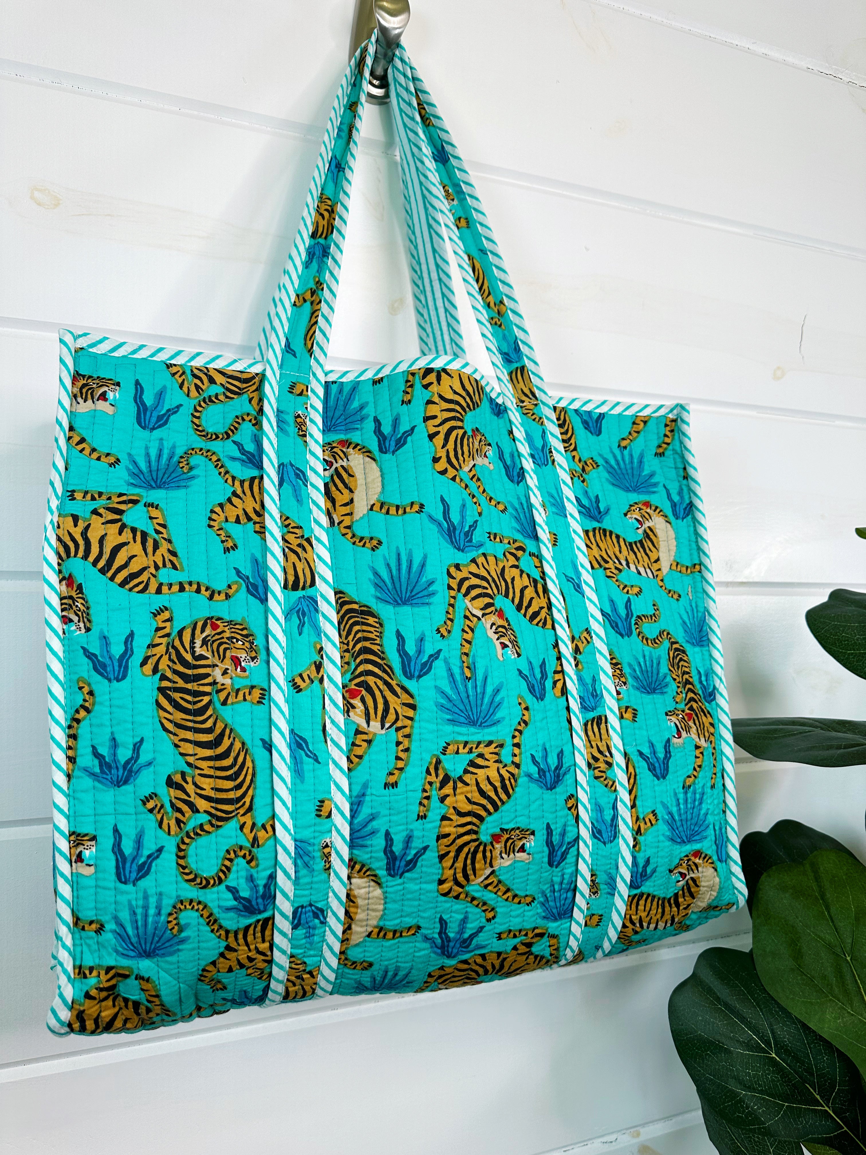 Aqua and Blue Tiger Print Quilted Cotton Reversible Large Tote Bag
