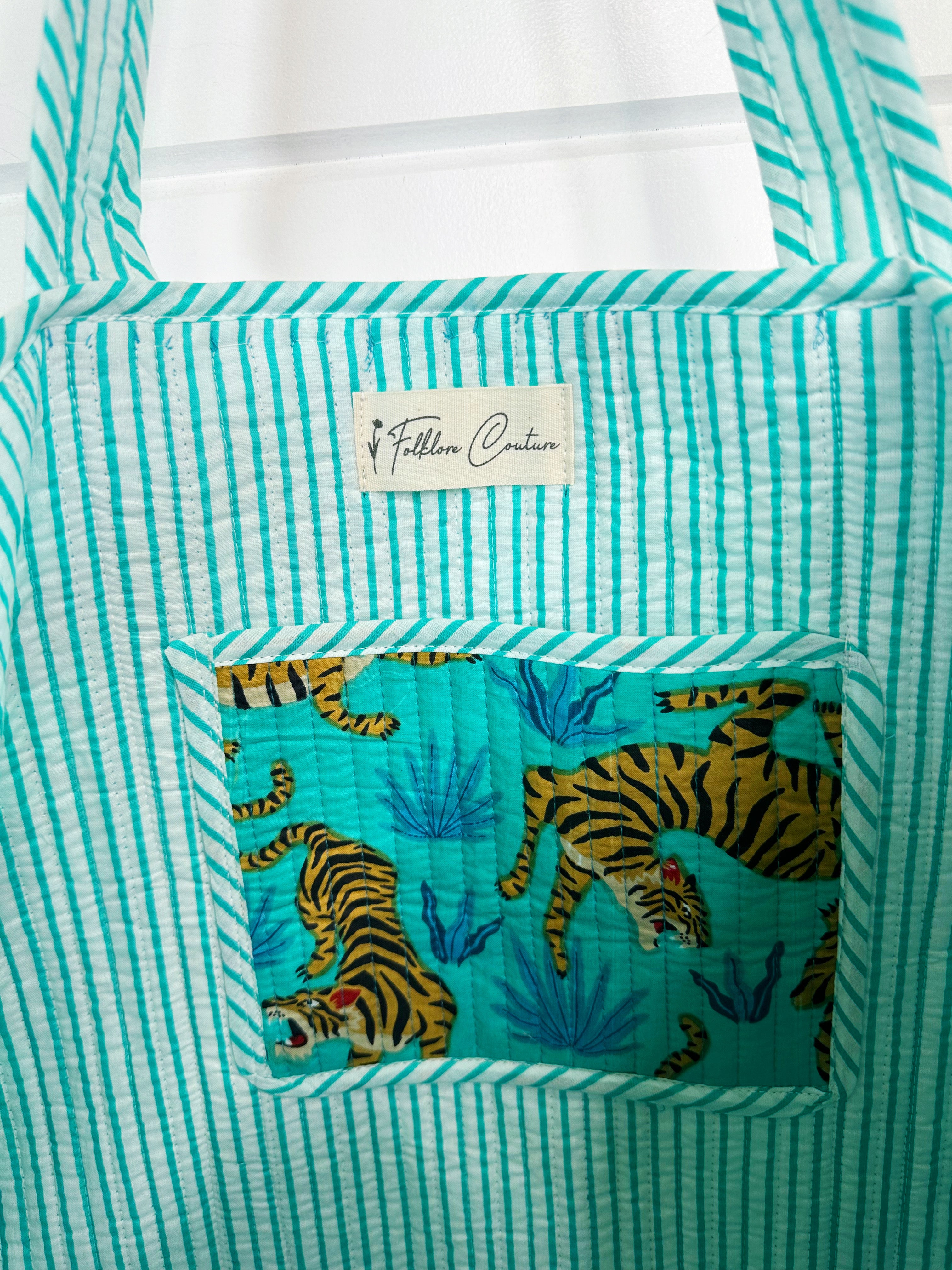 Aqua and Blue Tiger Print Quilted Cotton Reversible Large Tote Bag
