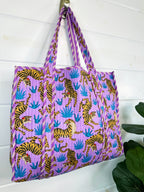 Large Quilted Tote Bag | Purple and Blue Tiger Print