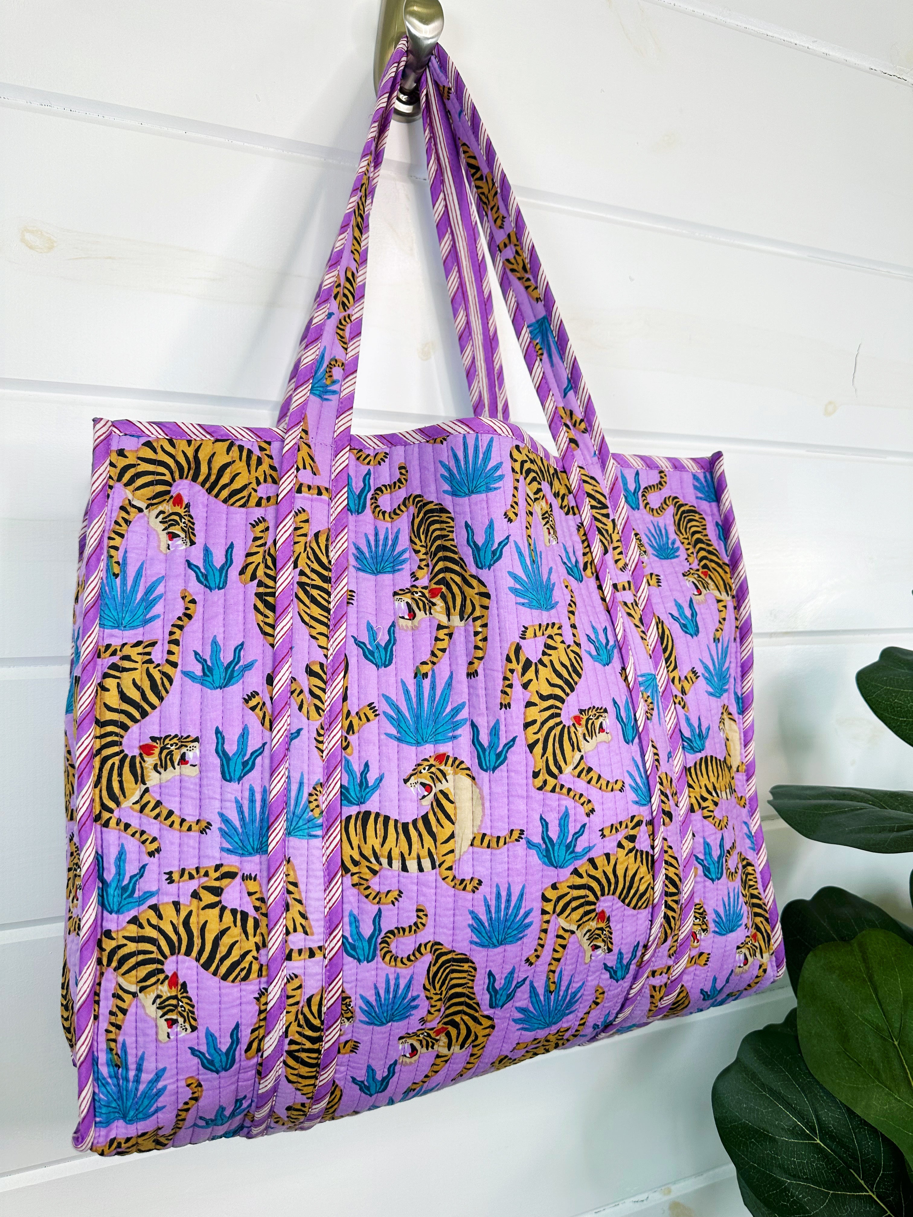 Large Quilted Tote Bag | Purple and Blue Tiger Print