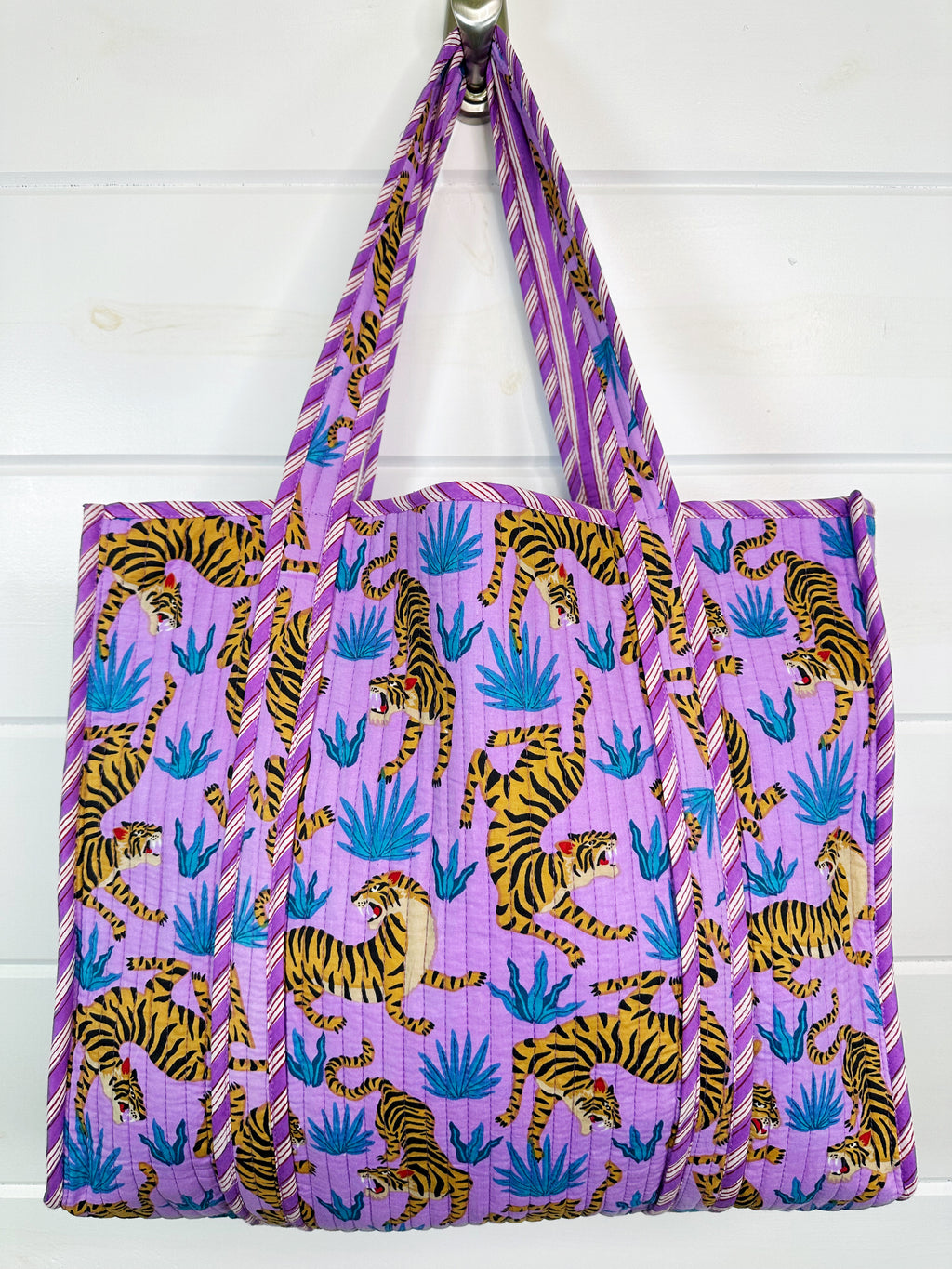 Large Quilted Tote Bag | Purple and Blue Tiger Print