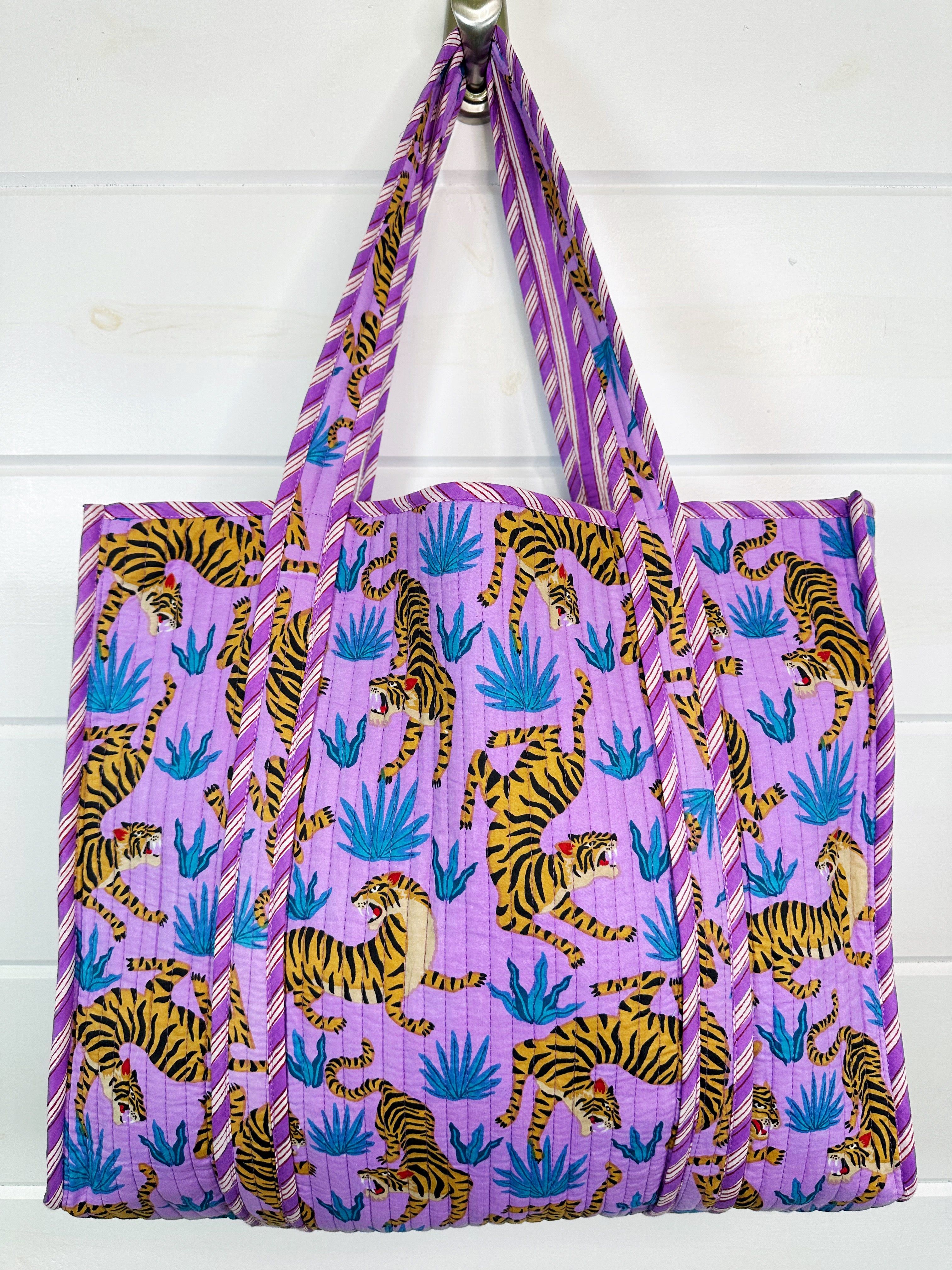 Large Quilted Tote Bag | Purple and Blue Tiger Print