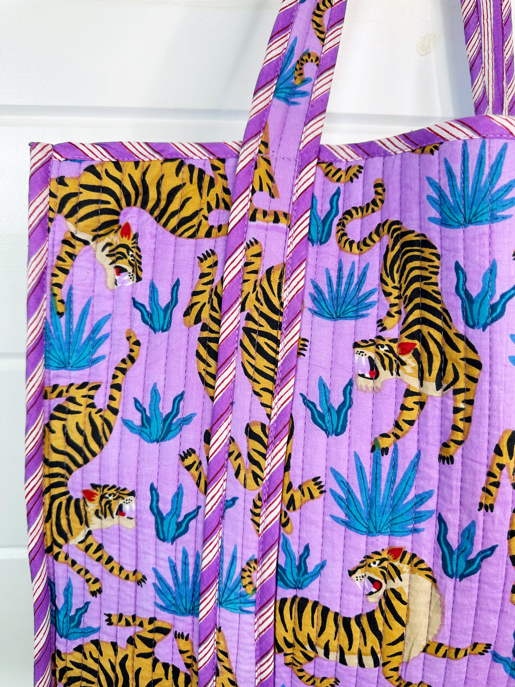 Large Quilted Tote Bag | Purple and Blue Tiger Print