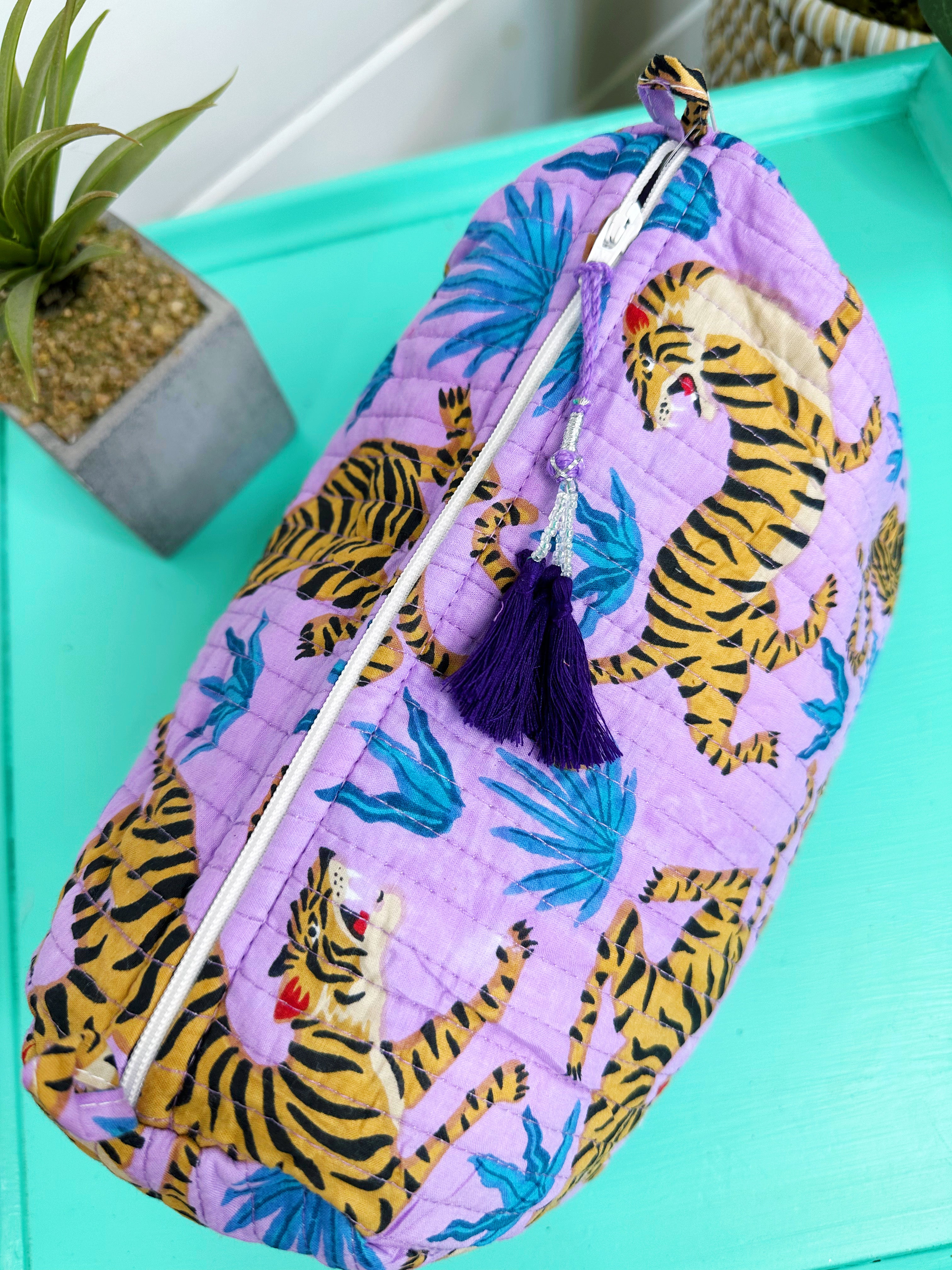 Purple and Blue Tiger Print Quilted Makeup Cosmetics Toiletry Bag
