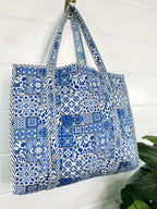 Blue and White Mosaic Print Quilted Cotton Block Print Tote Bag