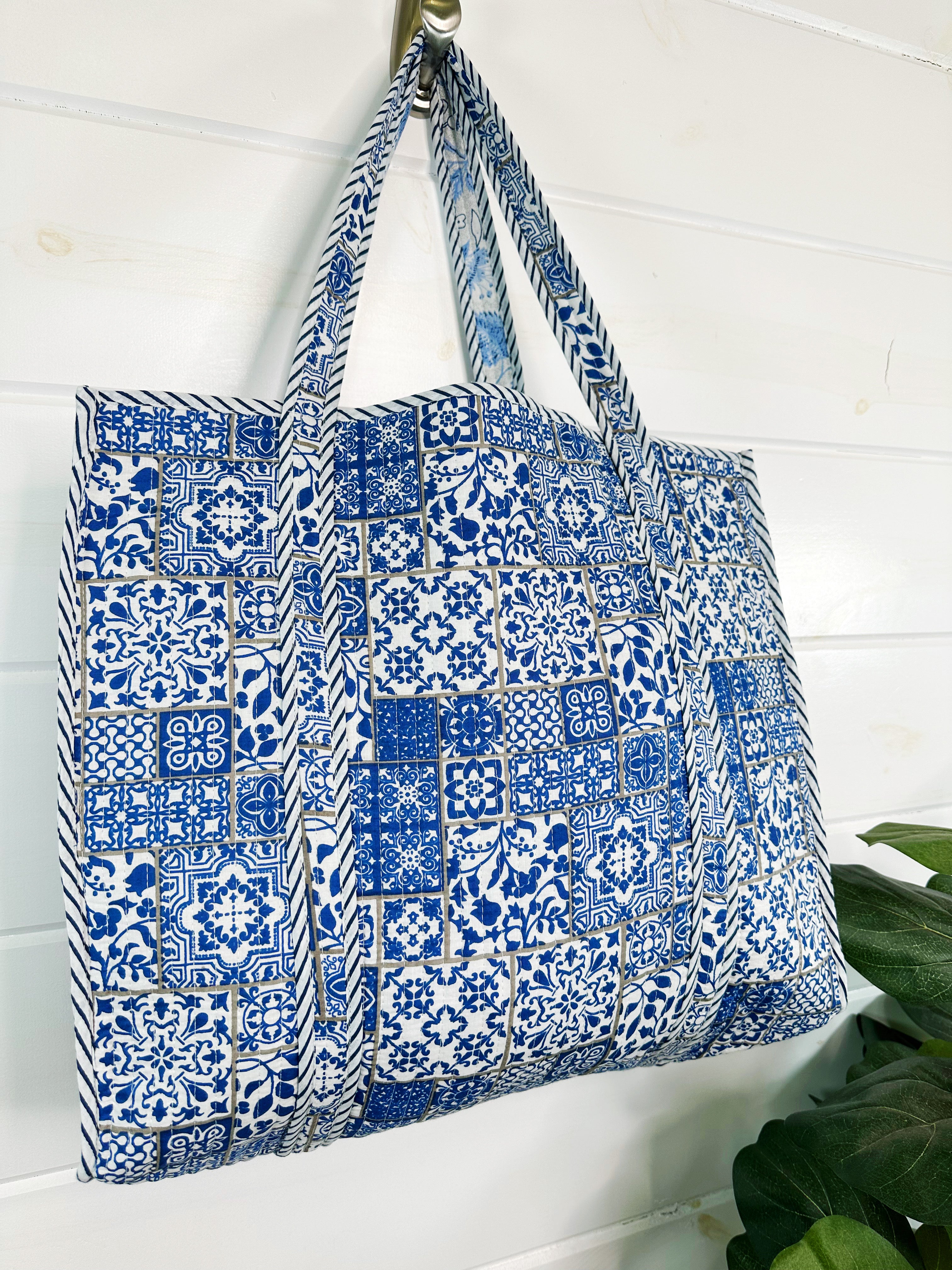 Blue and White Mosaic Print Quilted Cotton Block Print Tote Bag